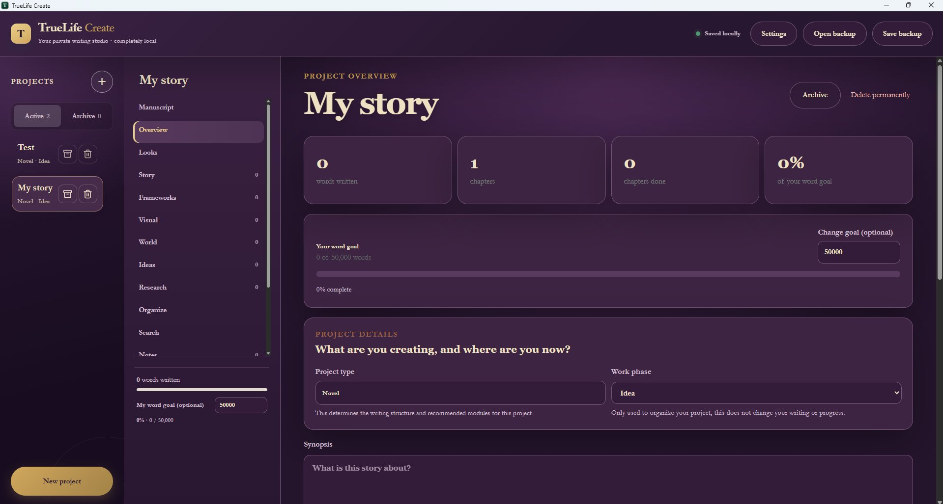 TrueLife Create met een manuscript en projectstructuur
