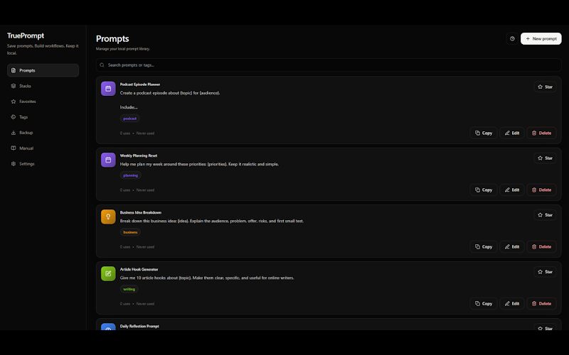 TruePrompt Chrome-extensie voor herbruikbare prompts